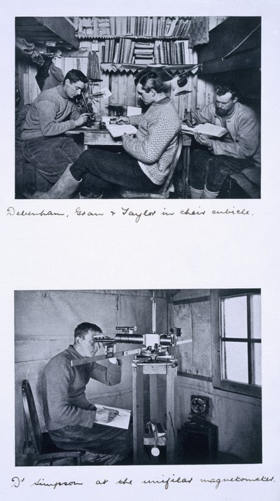Top: Debenham, Gran and Taylor in their cubicle. Bottom: Dr Simpson at the unifilar magnetometer. Scott